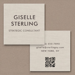 Tarjeta De Visita Cuadrada Código QR de lino Tipografía minimalista moderna