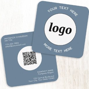 Tarjeta De Visita Cuadrada Código QR de logotipo y texto simple Dusty Blue Gr