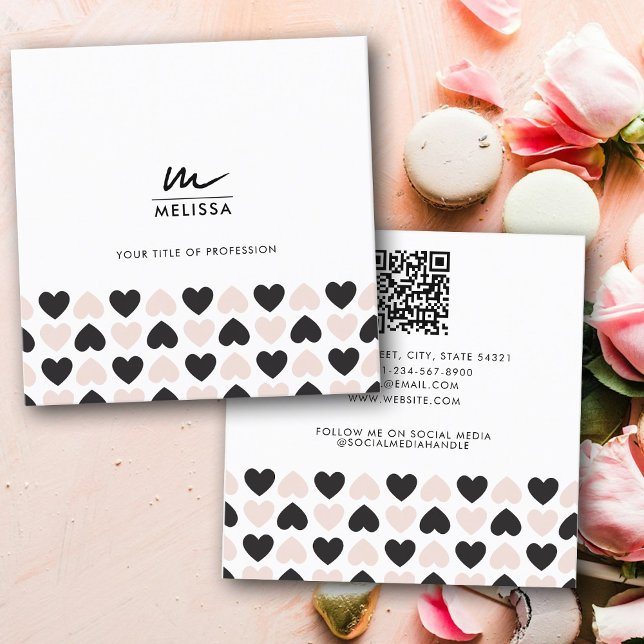 Tarjeta De Visita Cuadrada Código QR de los modernos corazones de amor negro  (Modern Blush Pink Black Love Hearts QR Code Square Business Card)