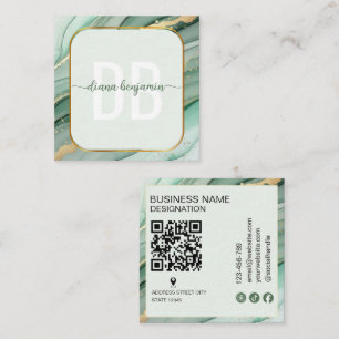 Tarjeta De Visita Cuadrada Código Qr de monograma de oro verde sabio moderno