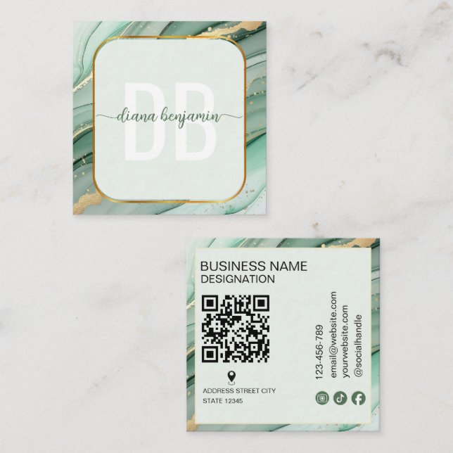 Tarjeta De Visita Cuadrada Código Qr de monograma de oro verde sabio moderno (Anverso / Reverso)