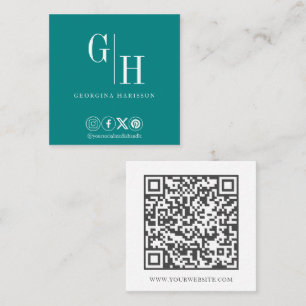 Tarjeta De Visita Cuadrada Código QR de monograma minimalista turquesa
