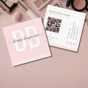 Tarjeta De Visita Cuadrada Código Qr de monograma moderno rosa y blanco