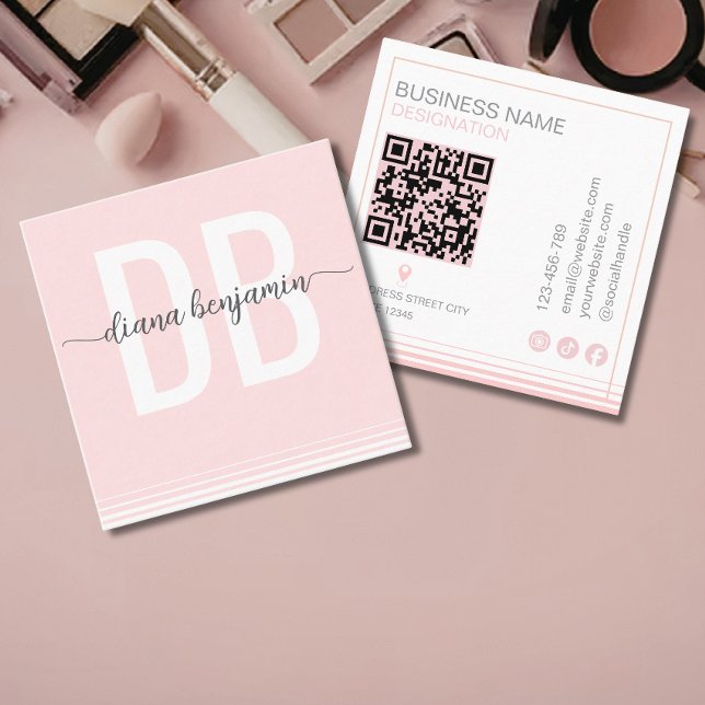 Tarjeta De Visita Cuadrada Código Qr de monograma moderno rosa y blanco (Subido por el creador)