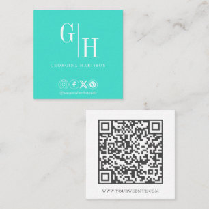 Tarjeta De Visita Cuadrada Código QR de monograma simple Aqua Teal