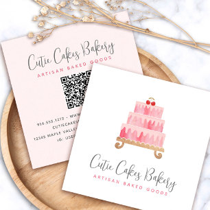 Tarjeta De Visita Cuadrada Código QR de panadería Rosa Desmayado Pastel Chef