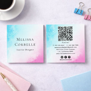 Tarjeta De Visita Cuadrada Código QR de pintura abstracta de acuarela azul y 