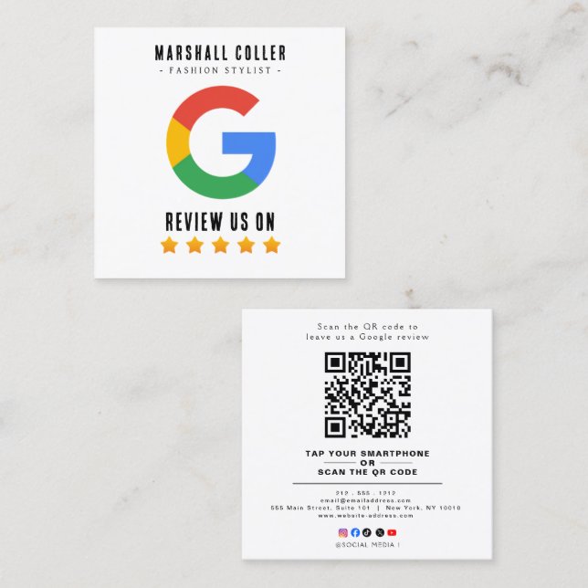 Tarjeta De Visita Cuadrada Código QR de reseña profesional de Google (Anverso / Reverso)