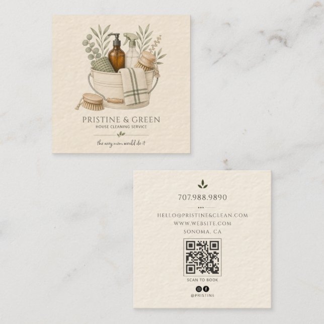 Tarjeta De Visita Cuadrada Código QR de Servicio de Limpieza del Hogar (Anverso / Reverso)