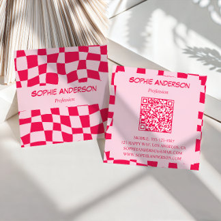 Tarjeta De Visita Cuadrada Código QR de tablero de ajedrez rosa y rojo retro