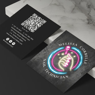 Tarjeta De Visita Cuadrada Código QR de Técnico de Uñas de Neón Elegante para