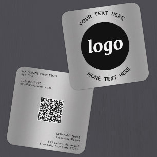 Tarjeta De Visita Cuadrada Código QR de texto y logotipo simple plateado