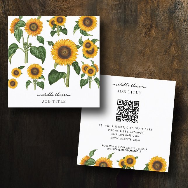 Tarjeta De Visita Cuadrada Código QR de vegetación de follaje botánico de gir (Sunflowers Botanical Foliage Greenery QR Code Square Business Card)