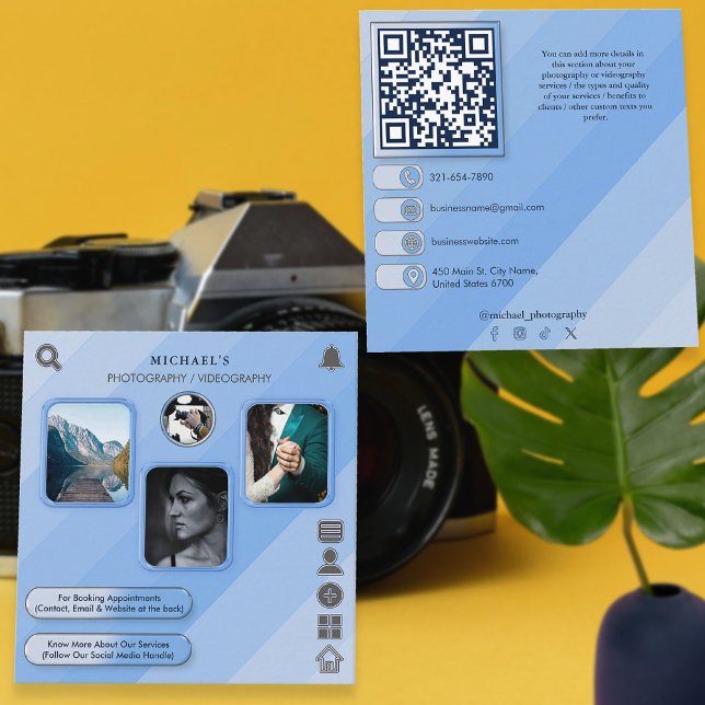 Tarjeta De Visita Cuadrada Código QR del Personalizado de fotografía y vídeo  (Subido por el creador)