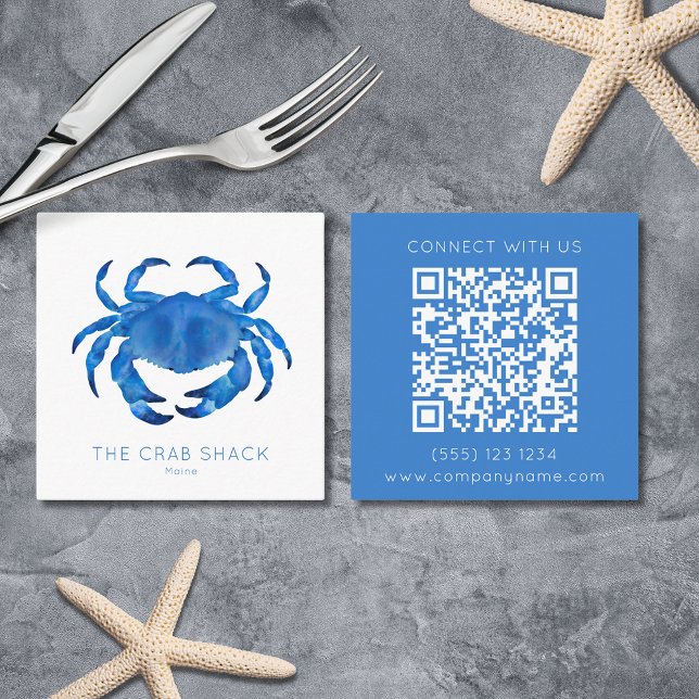 Tarjeta De Visita Cuadrada Código QR del restaurante de mariscos Blue Crab (Crab Seafood restaurant/guest house square business cards with custom QR code. Shellfish Blue Beach)