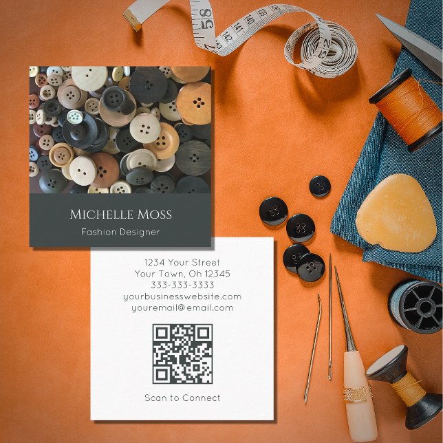 Tarjeta De Visita Cuadrada Código QR Diseñador de moda Botones de costura (Subido por el creador)