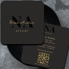 Tarjeta De Visita Cuadrada Código QR Dorado y Negro con Monograma de Lujo Est
