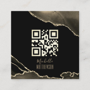 Tarjeta De Visita Cuadrada Código QR Elegante Black Gold Agate Medios Sociale