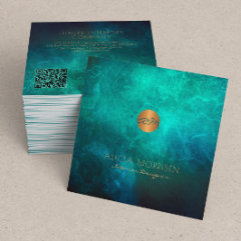 Tarjeta De Visita Cuadrada código QR elegante color de agua verde oscuro mono