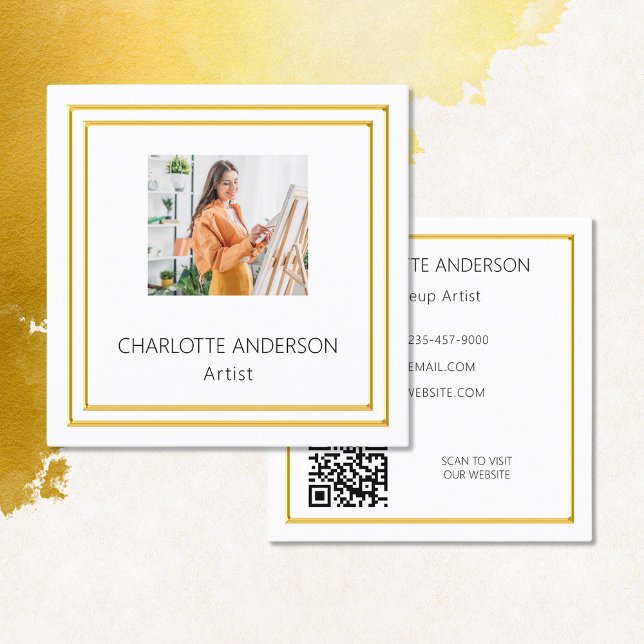 Tarjeta De Visita Cuadrada Código QR elegante para foto de oro blanco (Subido por el creador)