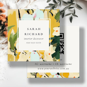Tarjeta De Visita Cuadrada Código QR floral amarillo coloreado boho