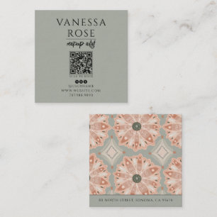 Tarjeta De Visita Cuadrada Código QR Floral Coral Verde Gris Belleza