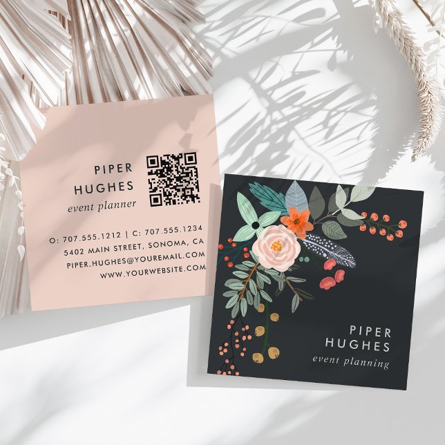 Tarjeta De Visita Cuadrada Código QR floral de Boho (Subido por el creador)