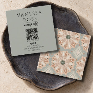 Tarjeta De Visita Cuadrada Código QR Floral de Coral Verde Gris de Belleza