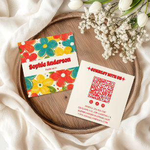 Tarjeta De Visita Cuadrada Código QR floral retro en negrita con tipografía r