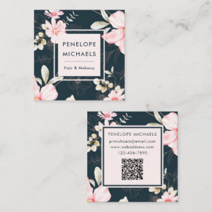 Tarjeta De Visita Cuadrada Código QR floral rosa sonrojado sobre azul marino