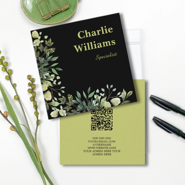 Tarjeta De Visita Cuadrada Código QR hojas marco botánico negro (Subido por el creador)