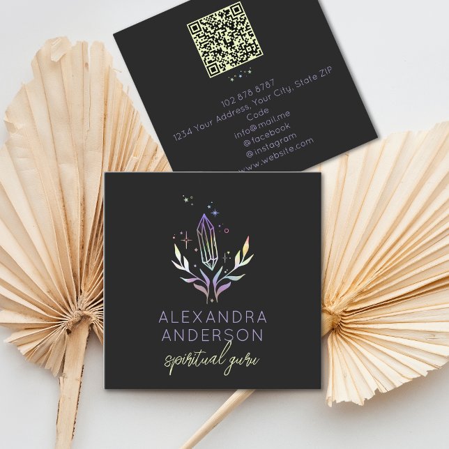 Tarjeta De Visita Cuadrada Código QR holográfico espiritual cristalino místic (Holographic Spiritual Crystal Mystic Black QR Code Square Business Card)