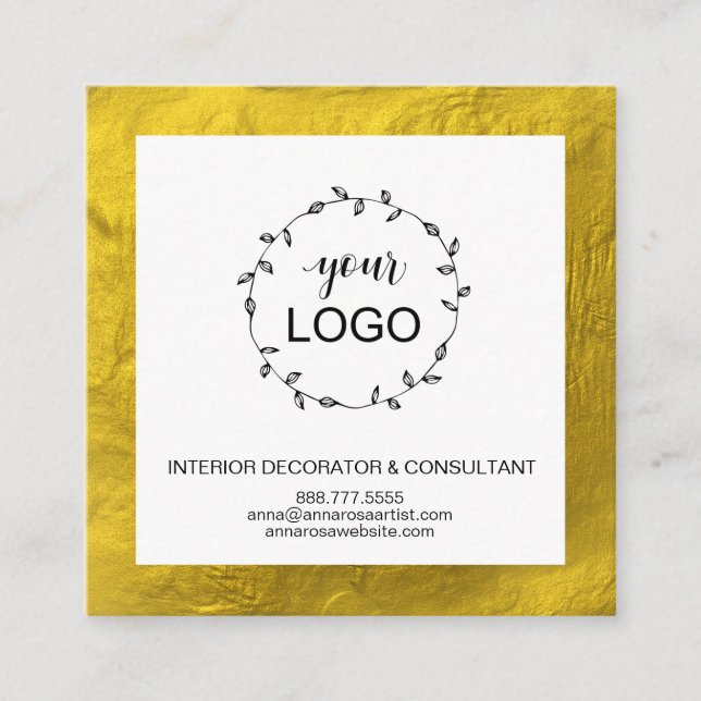 Tarjeta De Visita Cuadrada *~* Código QR LOGO - Relieve metalizado dorado de  (Anverso)
