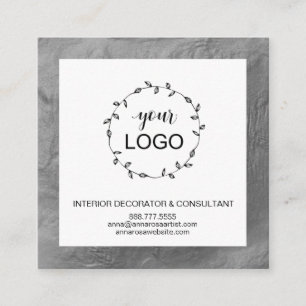 Tarjeta De Visita Cuadrada *~* Código QR LOGO - Relieve metalizado plateado 