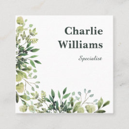 Tarjeta De Visita Cuadrada Código QR marco botánico hojas blanco