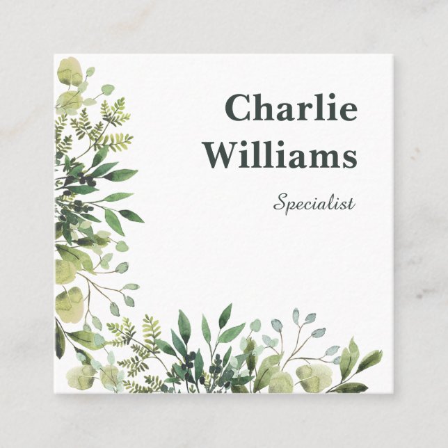 Tarjeta De Visita Cuadrada Código QR marco botánico hojas blanco (Anverso)