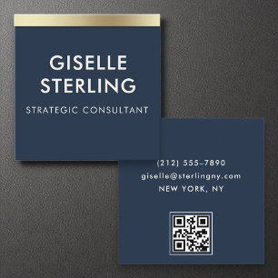 Tarjeta De Visita Cuadrada Código QR Mínima Marina Azul Oro de lujo tipografí