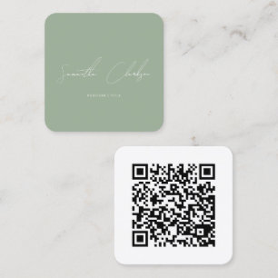 Tarjeta De Visita Cuadrada Código QR Minimalista Verde Salvia Escritura a Man