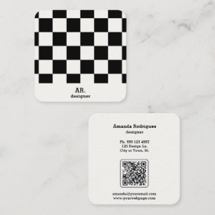 Tarjeta De Visita Cuadrada Código Qr Moderno a Cuadros en Blanco y Negro