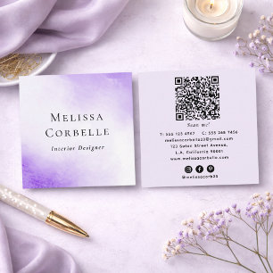 Tarjeta De Visita Cuadrada Código QR moderno de acuarela abstracta morado y b