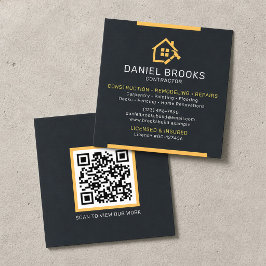 Tarjeta De Visita Cuadrada Código QR moderno de contratista en negro y dorado
