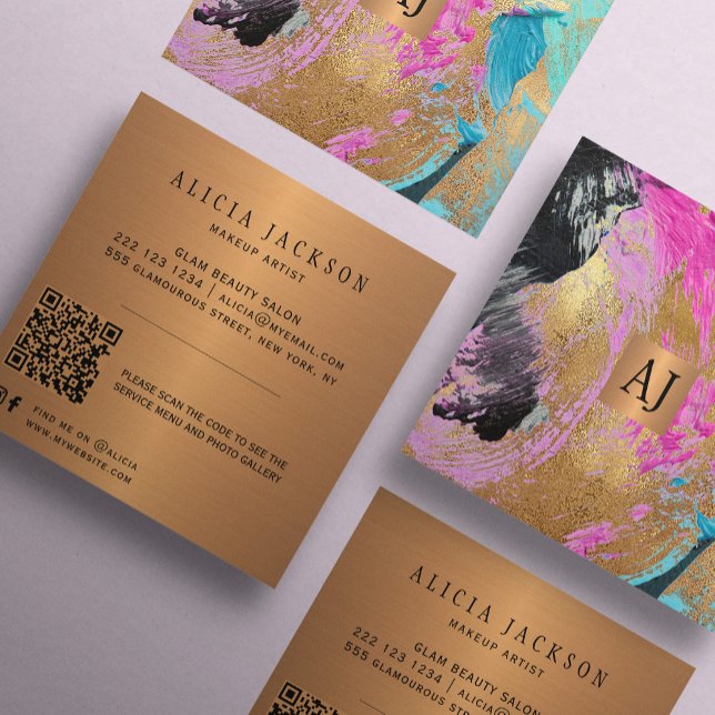 Tarjeta De Visita Cuadrada CÓDIGO QR moderno de oro abstracto monogramado (Subido por el creador)