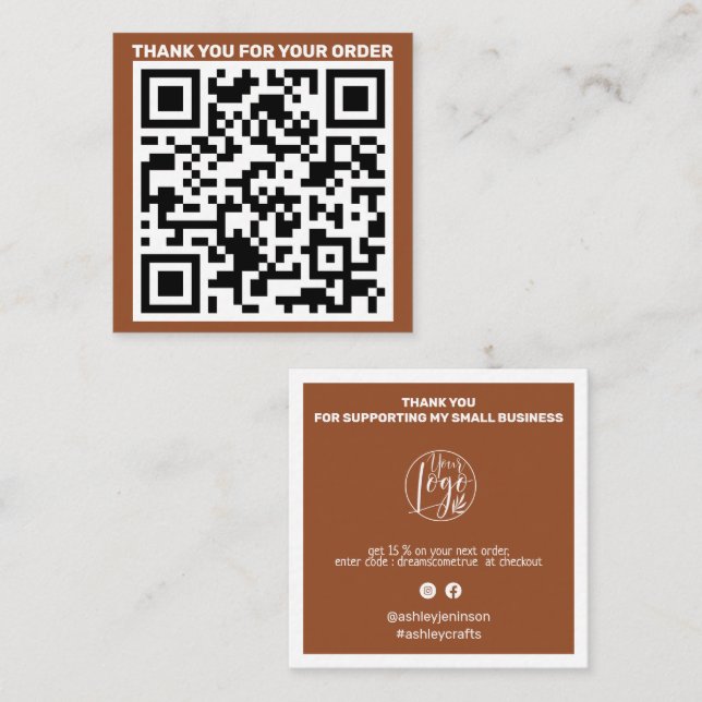 Tarjeta De Visita Cuadrada Código QR moderno gracias pedido terracota (Anverso / Reverso)