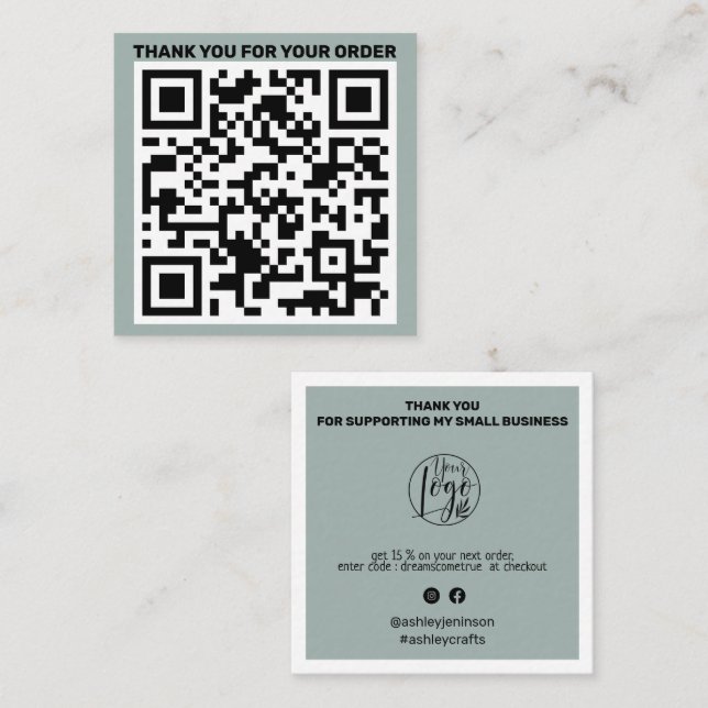 Tarjeta De Visita Cuadrada Código QR moderno gracias pedir código sage verde (Anverso / Reverso)