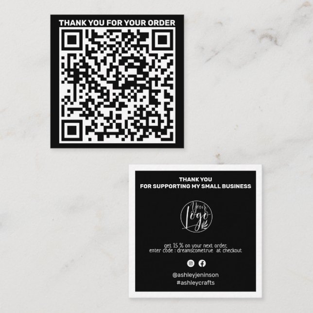 Tarjeta De Visita Cuadrada Código QR moderno: gracias por pedir blanco negro (Anverso / Reverso)