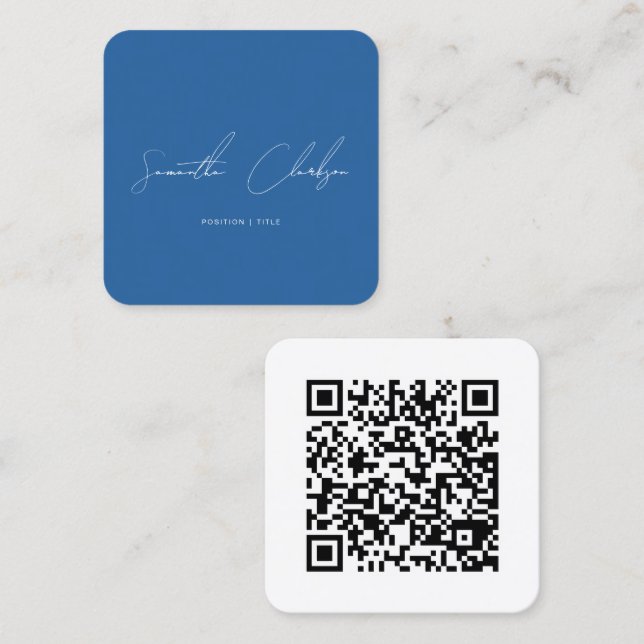 Tarjeta De Visita Cuadrada Código QR Moderno Minimalista Azul Letra Manuscrit (Anverso / Reverso)