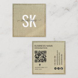 Tarjeta De Visita Cuadrada Código Qr Monograma Rústico de Lino Beige
