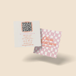 Tarjeta De Visita Cuadrada Código QR Naranja rosa retro dibujado Girly a cuad
