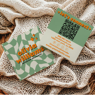 Tarjeta De Visita Cuadrada Código QR Naranja Verde Retro Cuadrado Bohemio a C