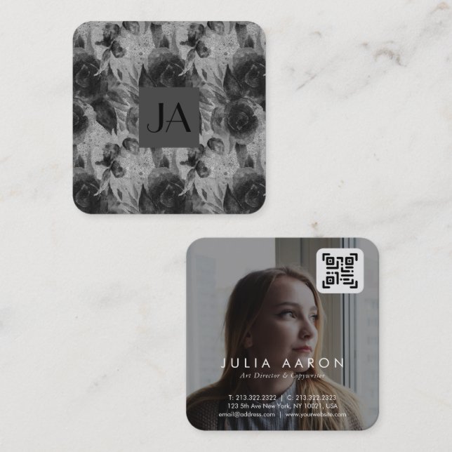 Tarjeta De Visita Cuadrada Código QR para fotografía floral en blanco y negro (Anverso / Reverso)